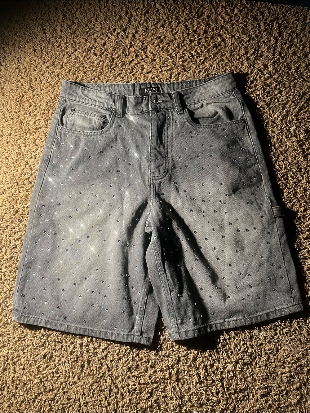 Men's Black Embellished Jean Shorts with Stud Detail